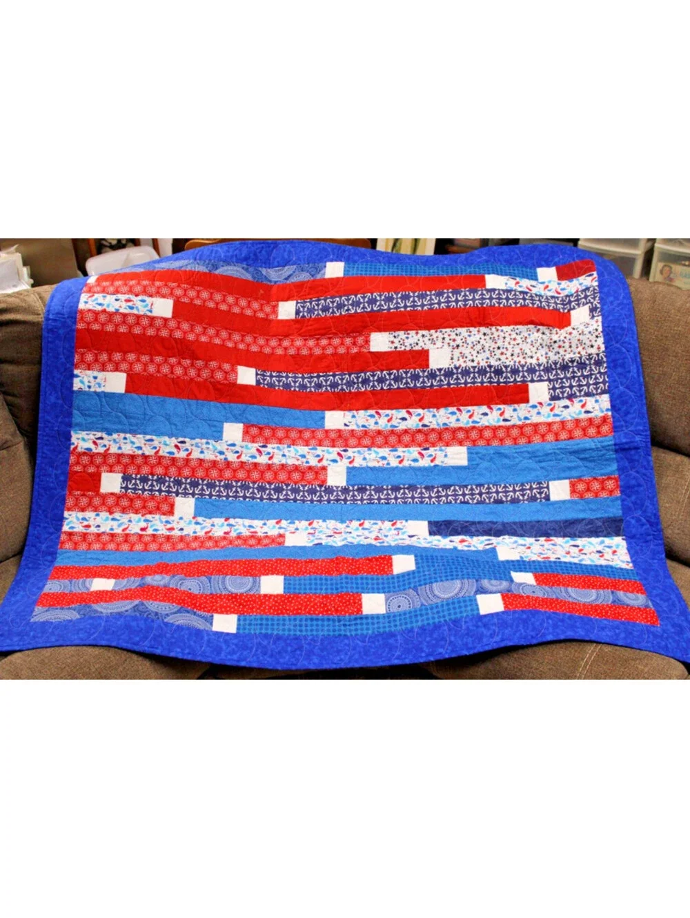 Handmade Nautical R/W/B Pieced Quilt Throw Wall Decor 27x55 Signed 2019